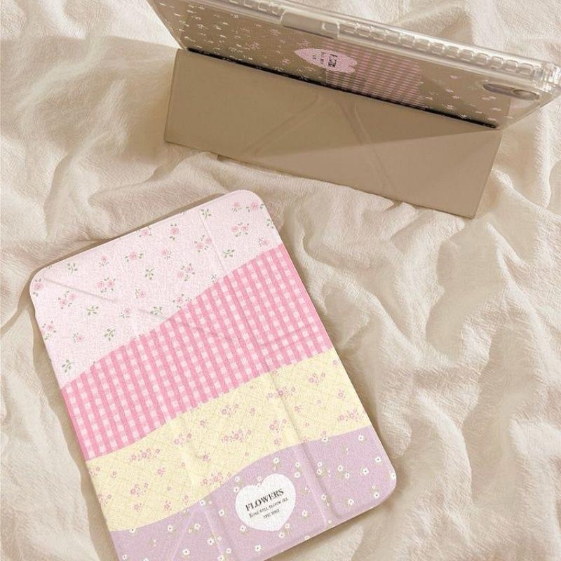 Patchwork checkered floral Y-fold ipad Case