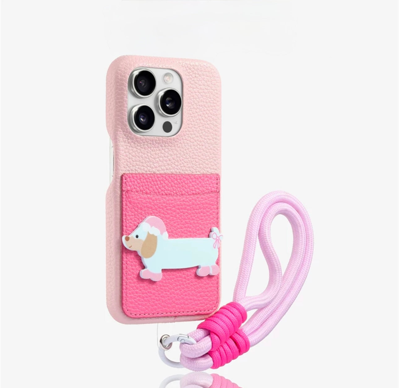 Quilted phone case with dog-shaped charm