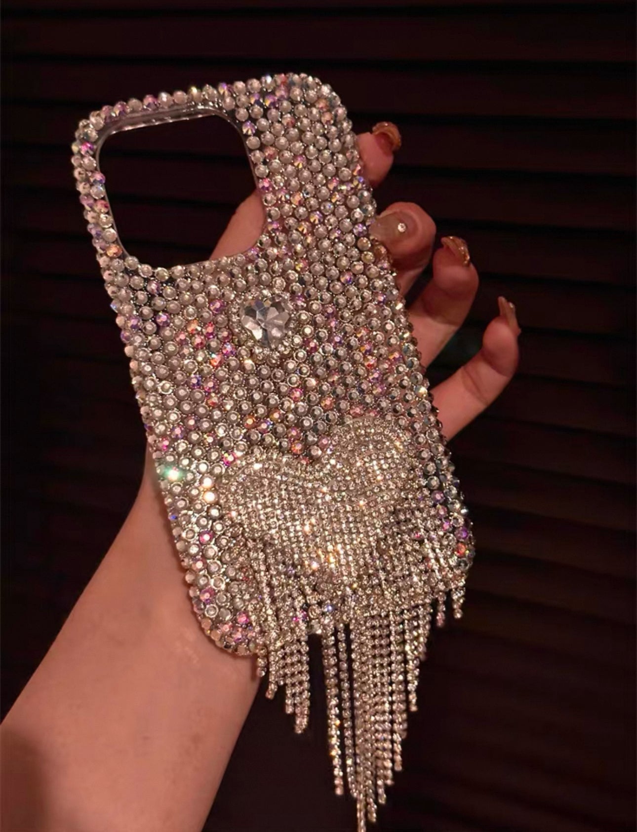 luxury silver heart tassel case with full rhinestones or iPhones