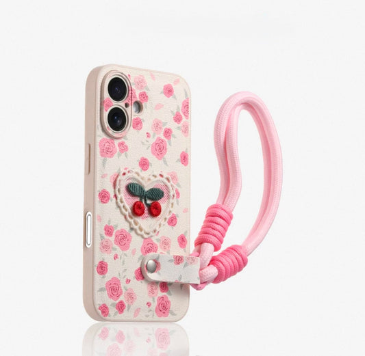 Cherry Floral Case with phone Strap
