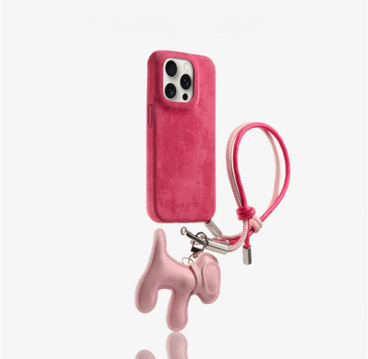 Suede phone case with dog-shaped charm