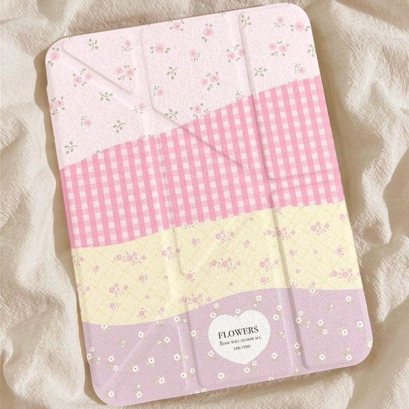 Patchwork checkered floral Y-fold ipad Case