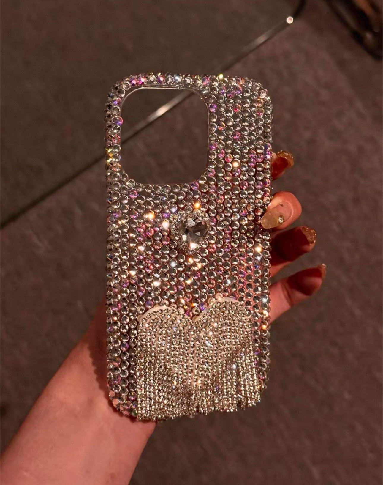 luxury silver heart tassel case with full rhinestones or iPhones