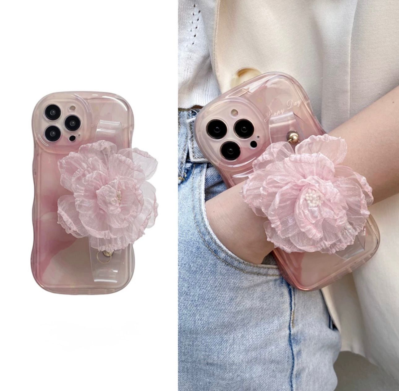 Pink Transparent Case with Strap for iPhones