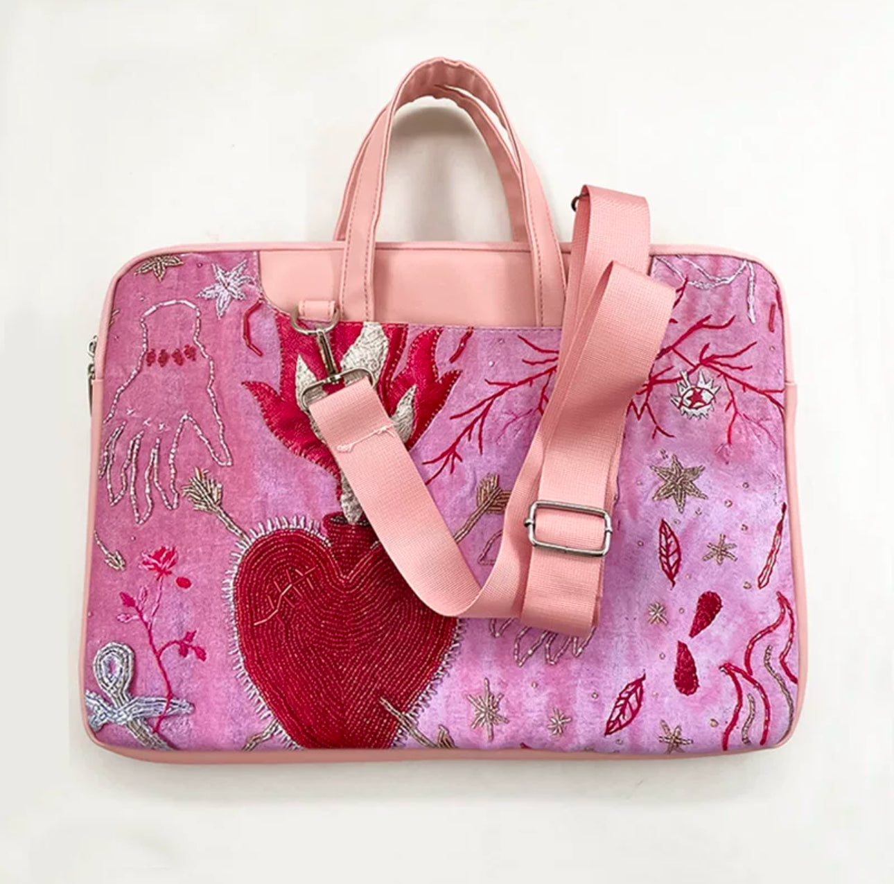 Embroidered Pink Heart Laptop Bag