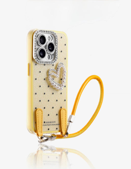 Yellow Polka dot Case with heart & Charm For iphones