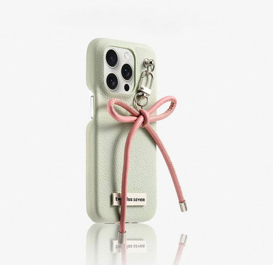 Green leather case with bow charm For IPhones